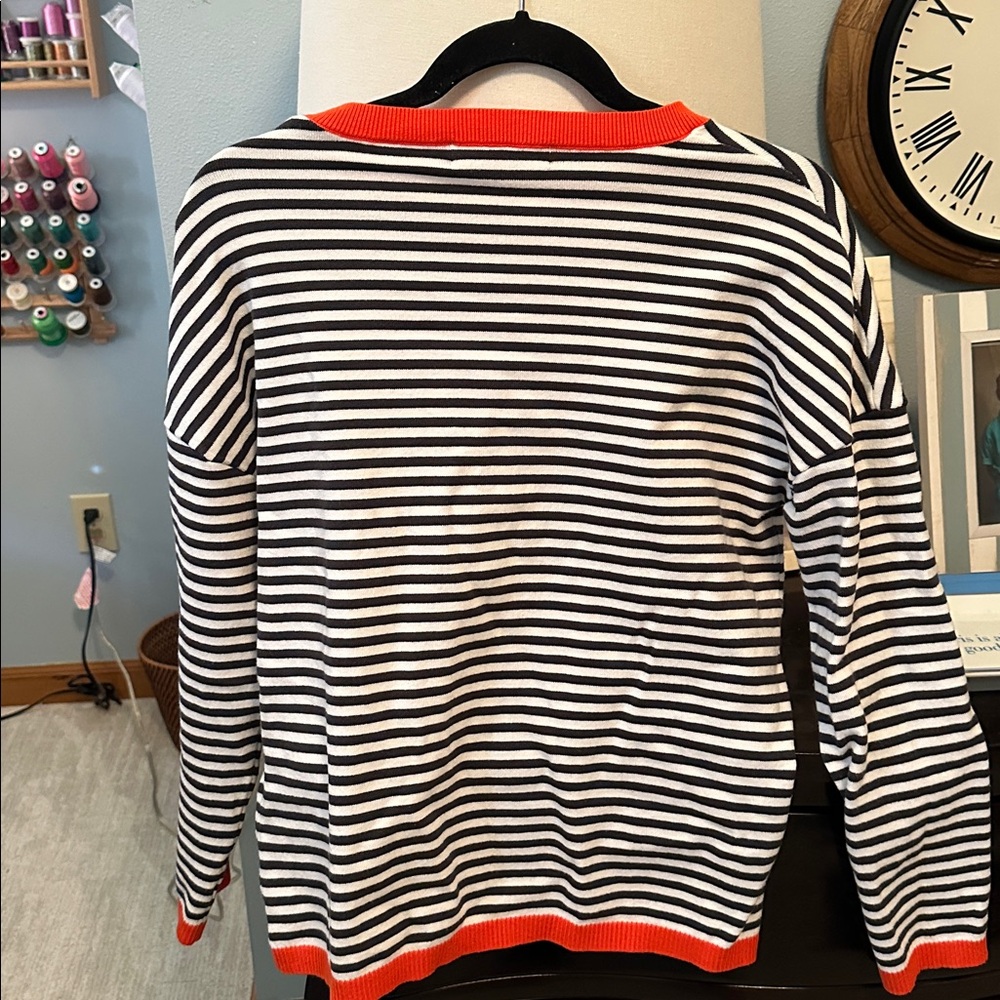 Jessica Black and White Striped Sweater with Orange Trim, size medium - Picture 5 of 13
